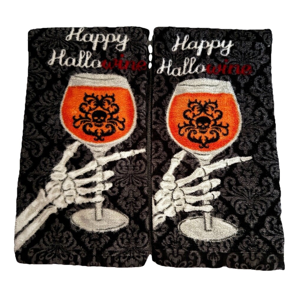 Ritz Happy HalloWINE Skeleton Hand Kitchen Towels~ (Set 2) 100% Cotton Halloween